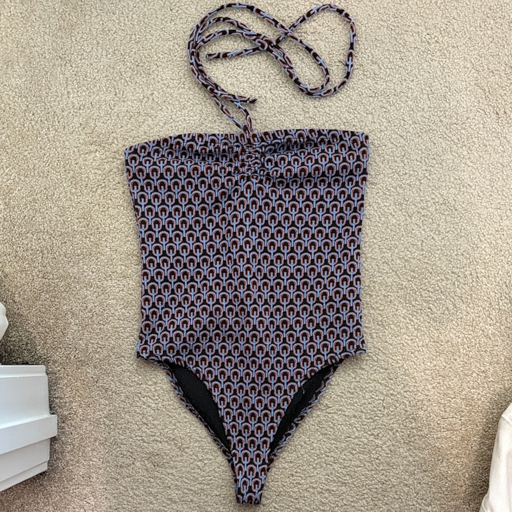 Black, purple and orange pattern halter bodysuit